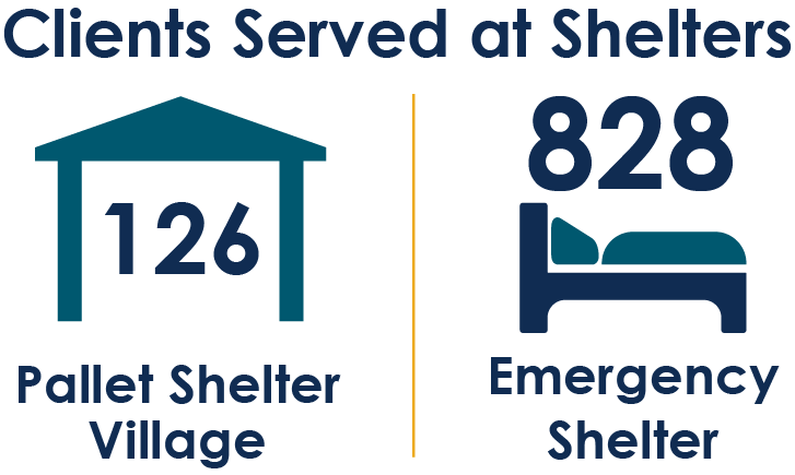 Clients Served at Shelters, 96 at Pallets Shelter Village, 572 at Emergency Shelter